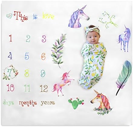 Newborn Baby Unicorn Milestone Blanket Photography Background Prop Monthly Growth Photo Bedding Wrap Swaddle Stroller Mat (Unicorn)
