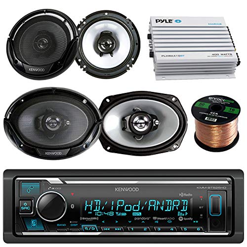 Kenwood KMM-BT525HD in-Dash Stereo Receiver with 2 6x9 and 2 6.5" Speakers, 400 Watts Bluetooth Car/Marine Amp with 50 Ft Speaker Wire (with Amplifier)