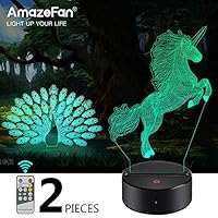 Unicorn, Peacock Night Light for Kids - 3D Night Lamp 7 Colors Optical Illusion Touch & Remote Control with 2 Acrylic Flats Best Birthday Christmas New Year Gifts for Boys Girls Kids Baby