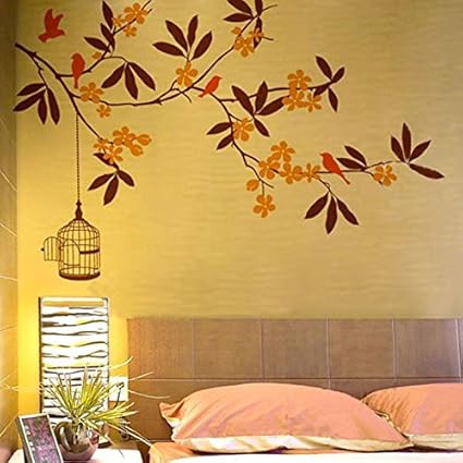 Decals Design Branch Flowers and Cage Wall Sticker (PVC Vinyl, 90 cm x 60 cm)