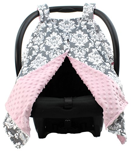 Dear Baby Gear Deluxe Car Seat Canopy Custom Minky Print Grey and White Damask Pink Minky Dot