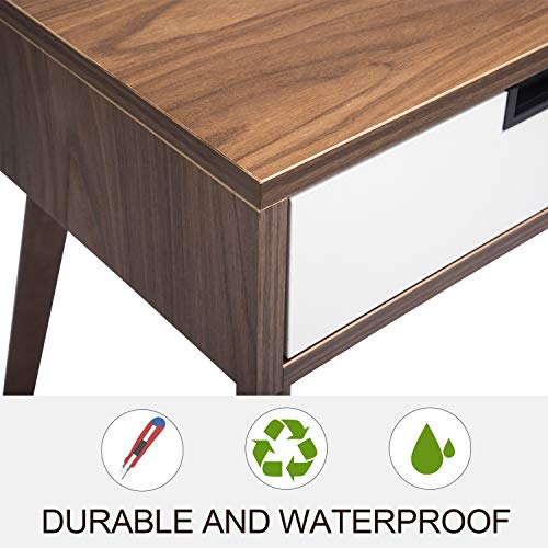 Nightstand End Table with Drawers Storage, Frylr Bedside Table Latest with 2 Power Sockets and 2.1A USB Charging Ports Design for Living Room Sofa, Light Walnut and White - Thumbnail 6