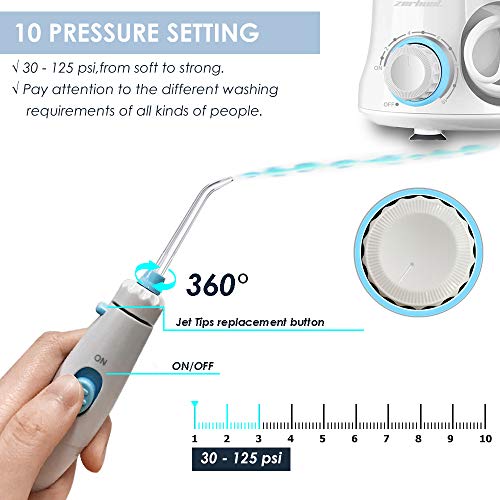 Dental Water Flosser Teeth Cleaner - Zerhunt High Frequency Pulsed Water Pick Electric Oral Irrigator with 7 Interchangeable Nozzles For Braces, Implants, Bridges,600ML Large Capacity White