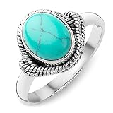 925 Sterling Silver Reconstituted Turquoise Stone Oval Rope Edge Vintage Band Ring Size 6, 7, 8