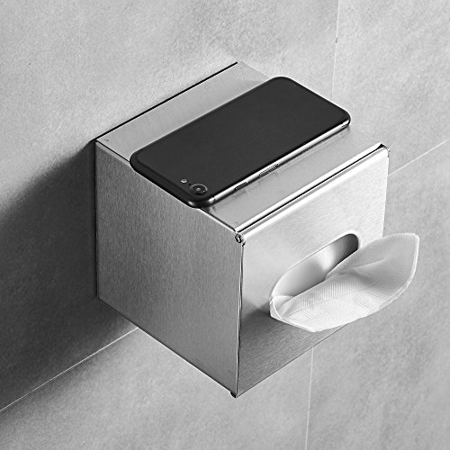 JunSun Square Paper Facial Tissue Box Holder Cover -Wall Mounted or Freestanding Use for Bathroom Vanity Countertops, Bedroom Dressers, Night Stands, Desks and Tables - Stainless Steel, Brushed Nickel