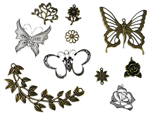 Kinteshun Butterfly Flower Leaf Charm Pendant for DIY Jewelry Making Accessaries(29pcs,Silver&Bronze Tones)