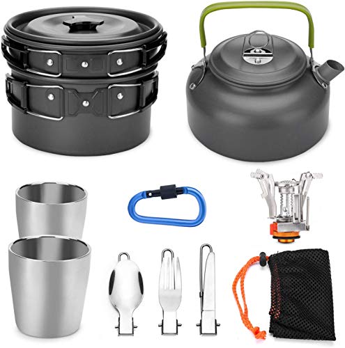 OWNUZZ Camuland 12pcs Camping Cookware Mess Kit with Mini Stove, Lightweight Pot Pan Kettle with 2 Cups, Fork Knife Spoon Kit for Backpacking, Outdoor Camping Hiking and Picnic
