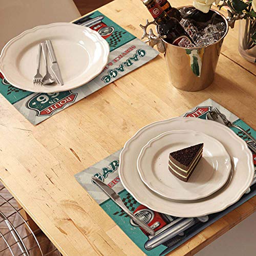 Mugod Red Car Placemats Vintage Garage Service & Repair Route 66 Retro Poster Decorative Heat Resistant Non-Slip Washable Place Mats for Kitchen Table Mats Set of 4 12"x18"