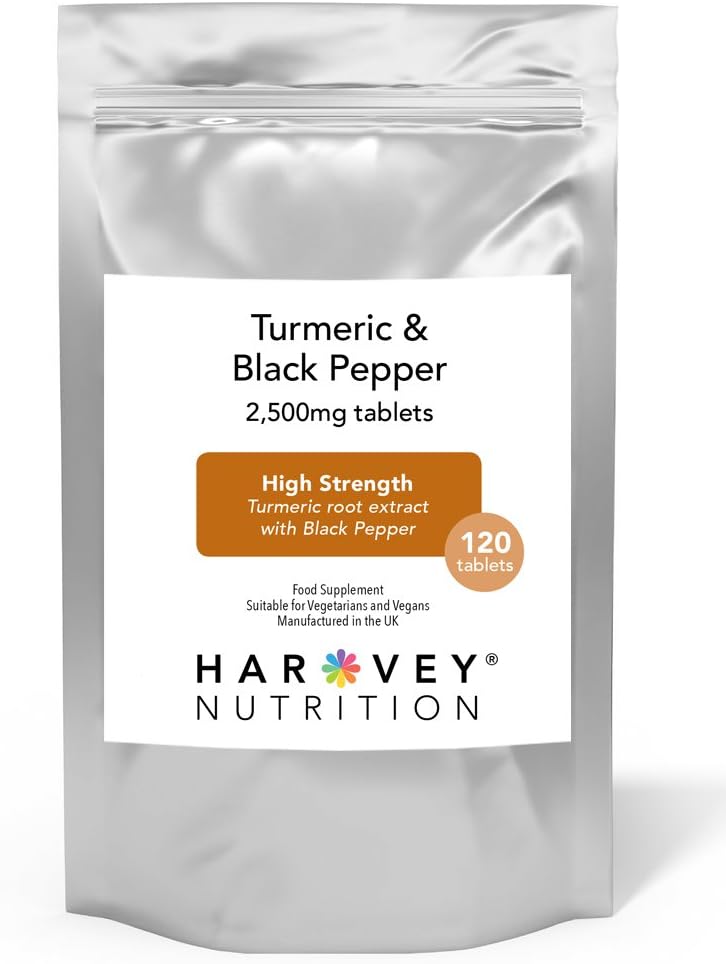 Turmeric & Black Pepper Tablets, 2500mg High Strength 95% Curcumin, Supports Joint Health, Digestion, Inflammation, UK Made, Harvey Nutrition (120)