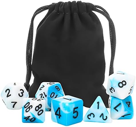 Persevere Table Games Dice For Dungeons and Dragons Role-Playing Games, DND RPG MTG Polyhedral Dice with Black Pouch (D20, D12, D10, D8, D6, D4) (blue+pearl white)