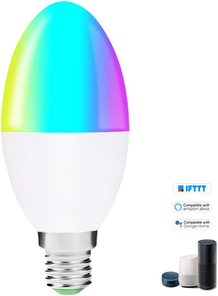 WIFI Smart LED Bulb OWSOO V16-S Smart WIFI LED Bulb RGB+W LED Candle Bulb 6W B22 Dimmable Light Phone Remote Control Group Control Compatible with Alexa Google Home Tmall Voice Control Light Bulb