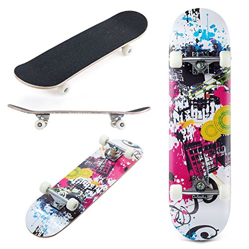 Karriw Skateboard 31 Inch Complete Standard Skateboard 8 Layer Maple Skateboard Deck with Sports Outdoors Durable Skate Board for Kids Beginners (City F)