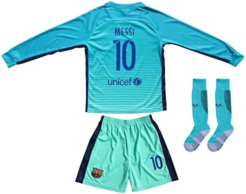 2016/2017 BARCELONA #10 MESSI KIDS THIRD LONG SLEEVE SOCCER JERSEY &amp; SHORTS YOUTH SIZES (8-9 YEARS)