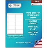 Premium Label Supply Waterproof White Address Sticker Labels – 2" x 4" – Laser Printers Only – (10 per Sheet), 10 Sheets - 100 Total Adhesive Labels