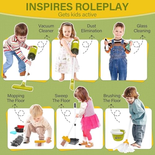 Kids Cleaning Toy Set, 14Pcs Pretend Play Home Cleaning Playset - Incl. 2-in-1 Electric Toy Vacuum, Broom and Dustpan Set, Mop,Duster and More, Sweep Play Toys for Boys Girls (Red)