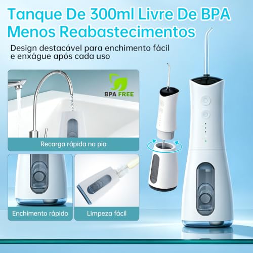 Irrigador Oral Portátil Sem Fio 300ml com 5 Bico Higiene Limpeza | Recarregável Type-C, Pressão Ajustável, Impermeável IPX7, Carregamento Rápido, Longa Duração Bateria, Uso Doméstico Viaje