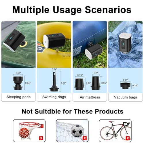 Electric Air Pump for Inflatables, 2400mAh Rechargeable Air Mattress Pump Quick Inflator Deflator Mini Portable Vacuum Pump 5 Nozzles & 3-Speed Camping Light for Pool Floats Vacuum Storage Bag Air Bed