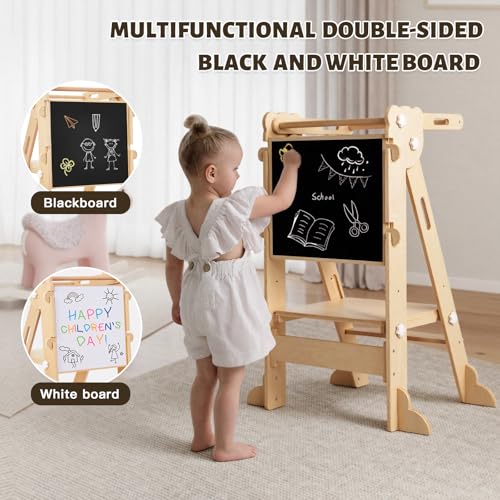 Labebe Learning Tower for Children, 3 in 1 Montessori Foldable Observation Tower, Multifunctional Adjustable Learning Tower with Double-Sided Board from 1 Year (Wood)