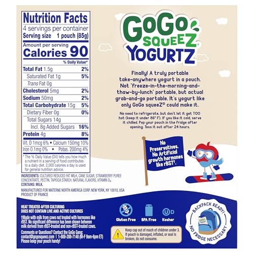 GOGO SQUEEZ LOW FAT YOGURTZ STRAWBERRY, 3 OZ POUCHES (PACK OF 4), KIDS SNACKS MADE FROM REAL YOGURT AND FRUIT, NO FRIDGE NEEDED, GLUTEN FREE, NUT FREE, RECLOSEABLE CAP, BPA FREE