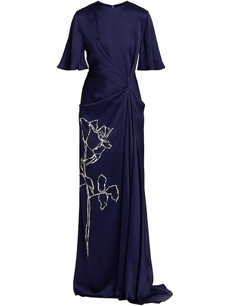 Erdem Embellished Draped Short-Sleeve Gown in Navy with crystal rose appliqué