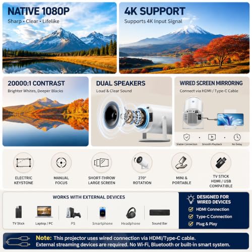 Telonixium Mini Projector, Full HD 1080P with 4K Support, Portable Projector with Carrying Case, 270° Rotation, Electric Keystone, 200" Screen, Low Noise ≤25dB, HDMI USB AUX, Home Cinema, Projecteur