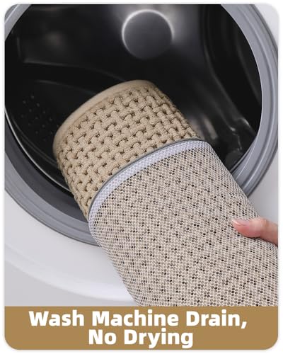 Color&Geometry Beige Chenille Bathroom Rugs 44x75 cm- Non Slip, Absorbent, Quick Dry, Washable Bathmat Fit Under Door, Thin Bath Mats for Washroom Floor, Woven Shower Mat Outside Shower