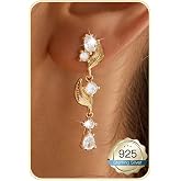 14K Gold Plated/Sterling Silver CZ Pearl Drop Dangle Earrings for Women