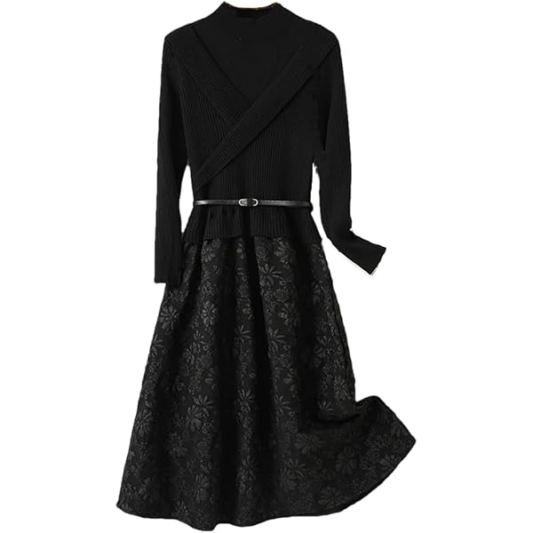 CHICWISH Women's Black Herringbone Print Mock Neck Belted Knit Dress at  Amazon Women's Clothing store