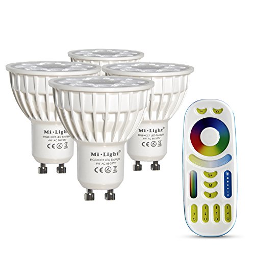 LIGHTEU®, 4X 4W GU10 RGB+CCT LED Spotlight Color Changing and CCT WW CW Temperature Adjustable, Original Mi-Light, Bulb with a 4-Zone Remote (4X FUT103+FUT092) — image 1