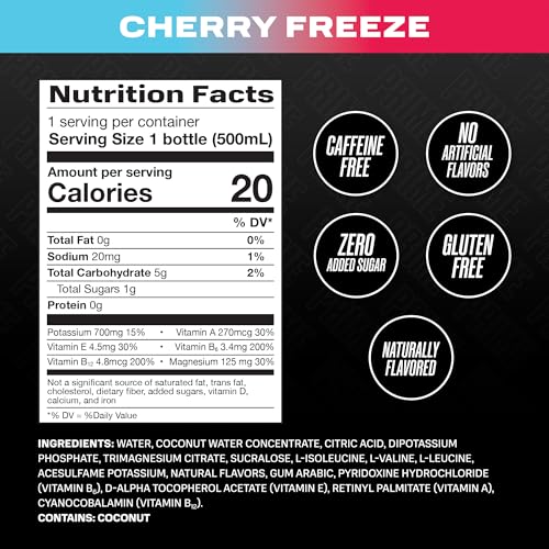 PRIME HYDRATION CHERRY FREEZE, SPORTS DRINKS, ELECTROLYTE ENHANCED FOR REPLENISHING FLUIDS, 250MG BCAAS, B VITAMINS, ANTIOXIDANTS, LOW SUGAR, 16.9 FL OZ, 12 PACK