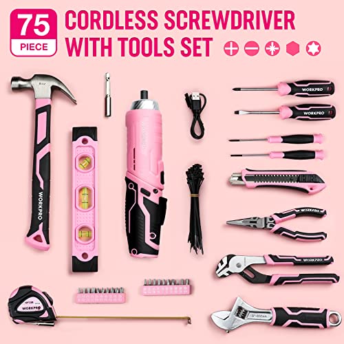 WORKPRO 75-Piece Pink Tools Set, 3.7V Rotatable Cordless Screwdriver and Household Tool Kit, Basic Tool Set with 13\'\' Portable Steel Tool Box for Home, Garage, Apartment, Dorm, New House - Pink Ribbon