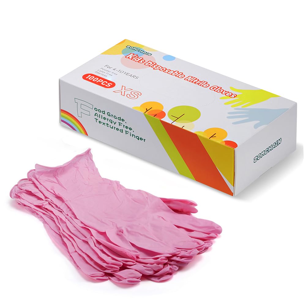 Photo 1 of Kids Gloves Disposable, Nitrile Glove for Childen, Latex Free Gloves, Powder Free - for Crafting, Painting, Cleaning- 100 PCS (XS-Pink)