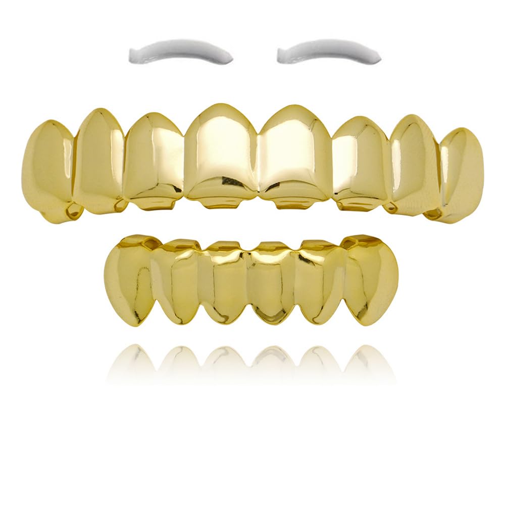SSyang Gold Hip Hop Teeth Grills for Mouth Decoration, Top Bottom Music Festival Party Hip Hop Rapper Decorations — image 1