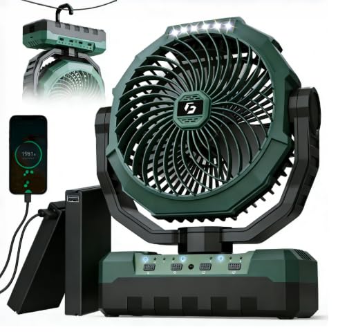 36000mAh Portable Camping Fan - 120HRS Rechargeable Fan with Detachable Battery with LED - 4 Speeds Battery Powered for Tent,Travel, Office, Jobsite, Green Image