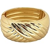 Dainty Twist Stripe Wide Chunky Bangle Bracelets for Women Minimalist Classic 14K Yellow Gold Plated Oval Cuff Wrist Open Bangles Statement Unique Design Fashion Trendy Jewelry Gift