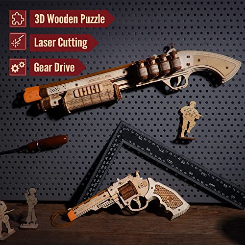 ROKR 3D Wooden Puzzle Rubber Band Guns for Adults,Toy Shotgun Model