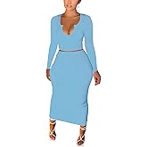 Women Sexy Two Piece Skirt Outfits Long Sleeve/Sleeveless V Neck Bodycon Ribbed Knitted Maxi Club Party Dress