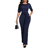 Jumpsuits for Women Dressy Formal Elegant Round Neck Half Sleeve Wide Leg Long Pants Rompers Business Casual Outfits