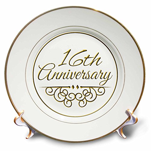 3dRose cp_154458_1 16th Anniversary Gift Gold Text for Celebrating Wedding Anniversaries 16 Years Married Together Porcelain Plate, 8-Inch