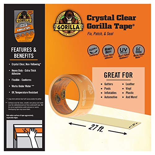 Gorilla Crystal Clear Repair Duct Tape, 1.88” x 9 yd, Clear, (Pack of 2