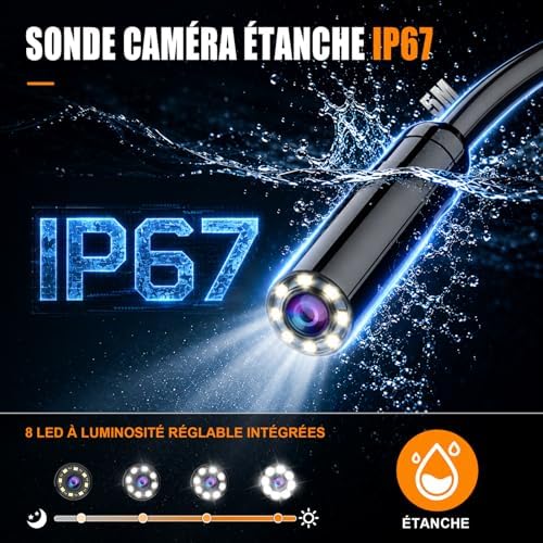 Caméra Endoscopique,avec Écran IPS 4,3 Pouces, Caméra d'inspection des égouts et des canalisations, caméra étanche IP67 en Forme de Serpent, avec 8 LED Réglables, Câble Semi-Rigide de 5M
