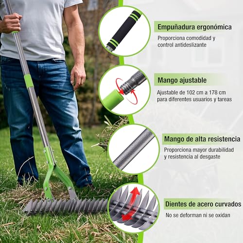 WORKPRO Lawn Scarifier Rake 178 cm, Dethatcher Heavy Duty Rake with Adjustable Head and Telescopic Handle, for Removing Dead Grass, Cutting Remains and Loosening the Soil | Heavy duty rakes with adjustable head to remove dead grass and clippings, loosen soil