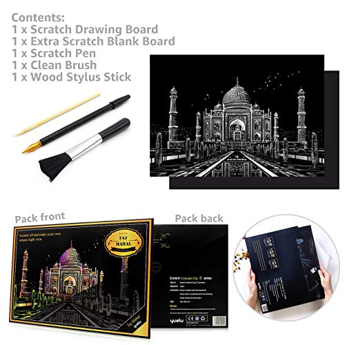 Scratch Art Rainbow Painting Paper, Sketch Pad DIY Night View Scratchboard for Kids & Adults, Engraving Art & Craft Set, Scratch Painting Creative Gift, 16'' x 11.2'' with 3 Tools (Taj Mahal-India)