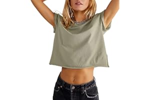 Carpetcom Women's Summer Casual Loose Fit Plain Soild Basic Short Sleeve Crop Tops T-Shirts
