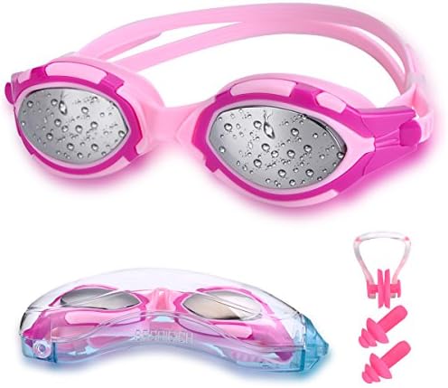 Swim Goggles, Swimming goggles, SRS DIGICH Professional Swim Goggles with Anti-Fog No Leaking UV Protection and Ear Plugs Nose Clips for Adult Women Men Youth Kids Children Competition Team Pink