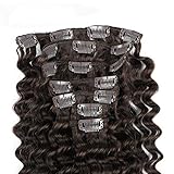 Brown Curly Clip in Human Hair Extensions Deep Curl Deep Wave Hair Extensions 100% Remy Human Hair 22 Inches(55cm) 80g 7pcs/set, Color #2 Dark Brown