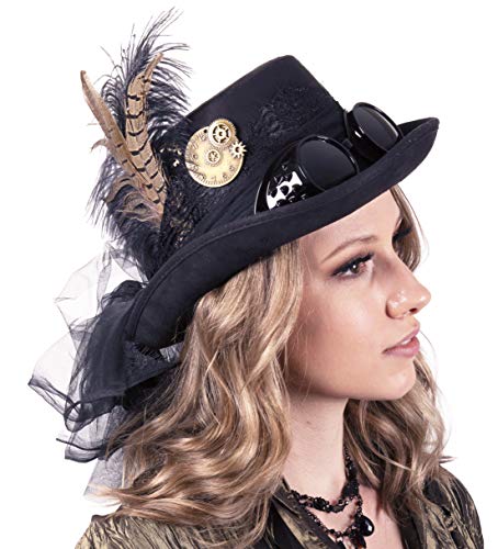 Narwhal Novelties Deluxe Halloween Costume Hat; Black, Velvet 4.5" Steampunk Hat with Removable Steampunk Goggles Attached Feather, Gears