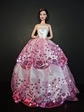 Qiyun White Ball Gown with Pink Sequined Lace Details Made to Fit the Barbie Doll