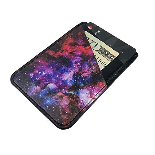 Obbii Outer Space Nebula Galaxy PU Leather Card Holder for Back of Phone with 3M Adhesive Stick-on Credit Card Wallet Pockets for iPhone and Android Smartphones