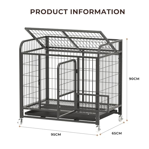 Beauenty Dog Cage, Heavy Duty 95cm Dog Crate, Dog Kennel for Small/Medium/Large Dogs, with Removable Tray, Double Doors with Locks Design with 4 Wheels and Reinforced Baseplate (Black)